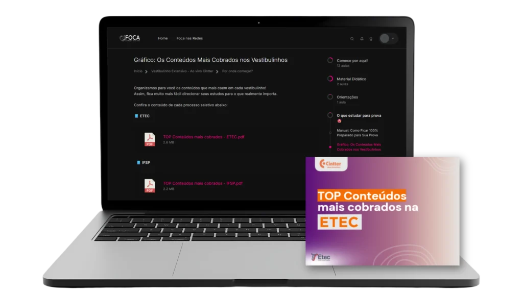Plataforma exclusiva do Cintter com gráfico dos conteúdos mais cobrados nos vestibulinhos.