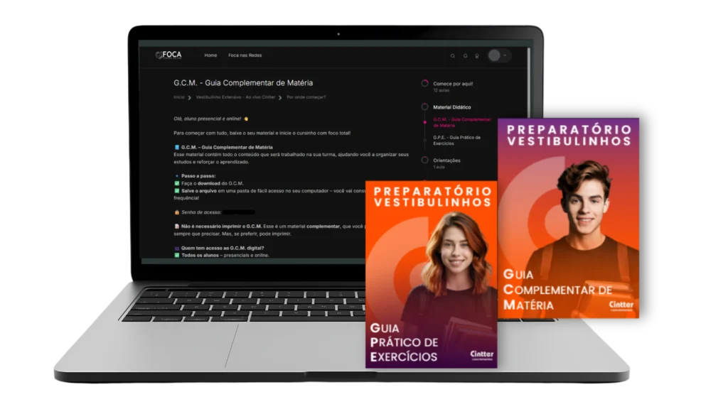 Plataforma Foca exibindo materiais digitais exclusivos: Guia Complementar de Matérias e Guia Prático de Exercícios.