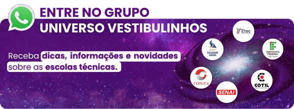 Card roxo com ícone do WhatsApp e logotipos das escolas técnicas, convidando para entrar no Grupo Universo Vestibulinhos e receber dicas, informações e novidades sobre as escolas técnicas.