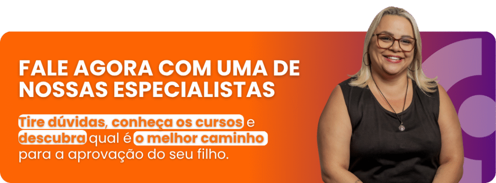 Card laranja-claro com foto de uma especialista do Cintter sorrindo e texto: “Fale agora com uma de nossas especialistas! Tire dúvidas, conheça os cursos e descubra o melhor caminho para a aprovação do seu filho.”