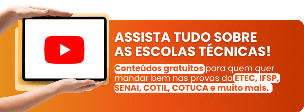 Card laranja com ícone do YouTube e imagem de tablet. Texto destacando: “Assista tudo sobre as escolas técnicas! Conteúdos gratuitos para quem quer mandar bem nas provas da ETEC, IFSP, SENAI, COTIL, COTUCA e muito mais.”